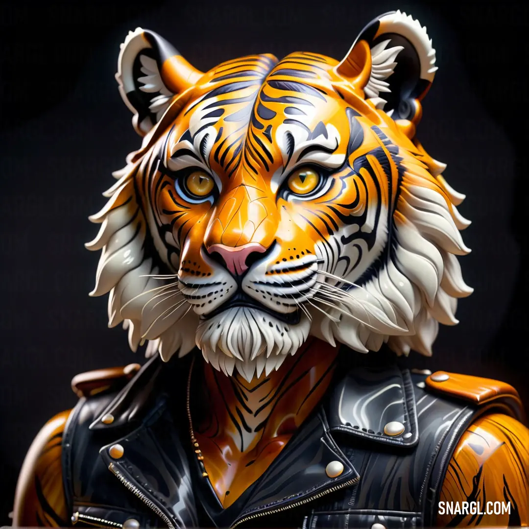 Tiger wearing a leather jacket and a leather jacket jacket is on display in a museum exhibit. Color #FF8F00.