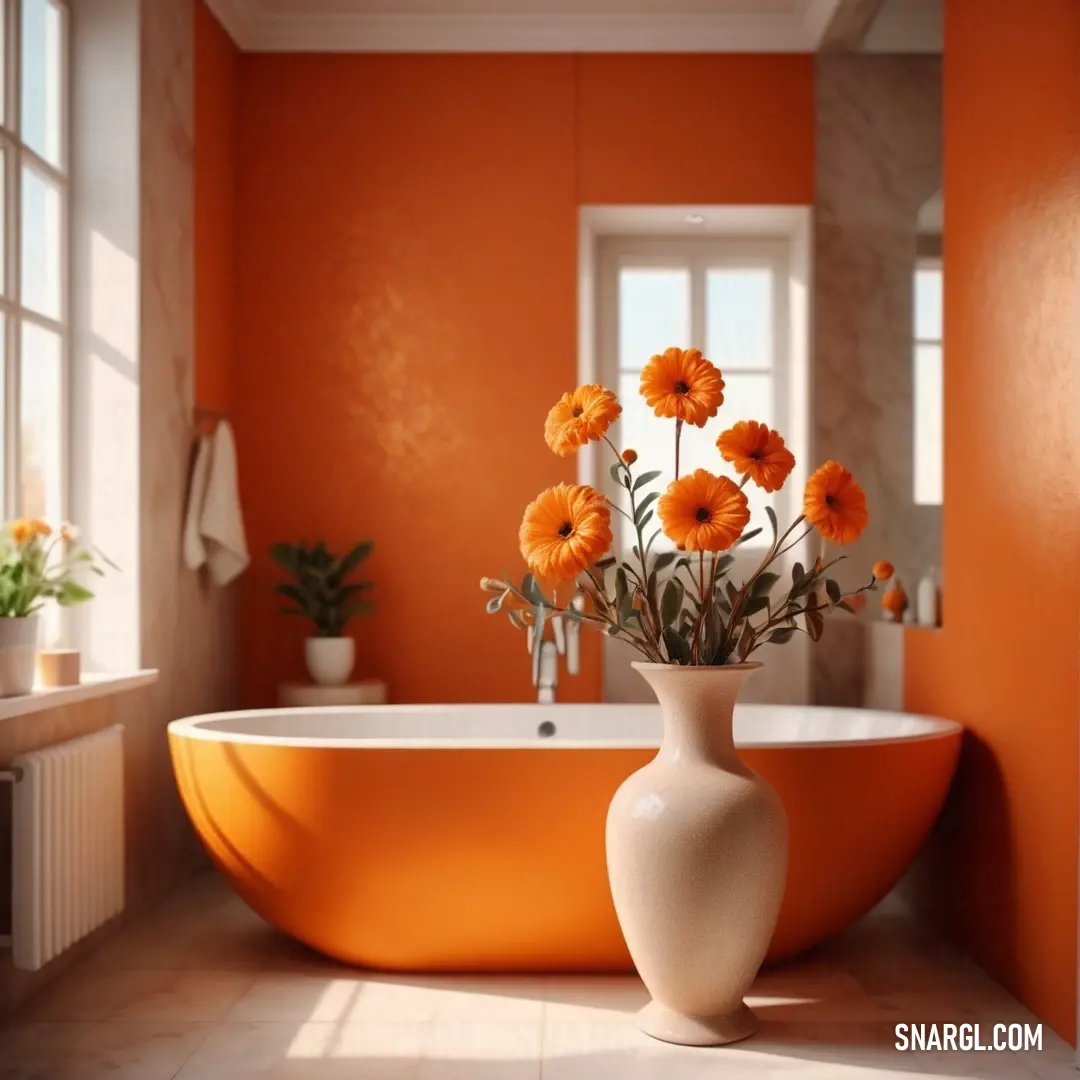 Vase with flowers in it in a bathroom next to a tub with a window and a sink. Example of Princeton orange color.