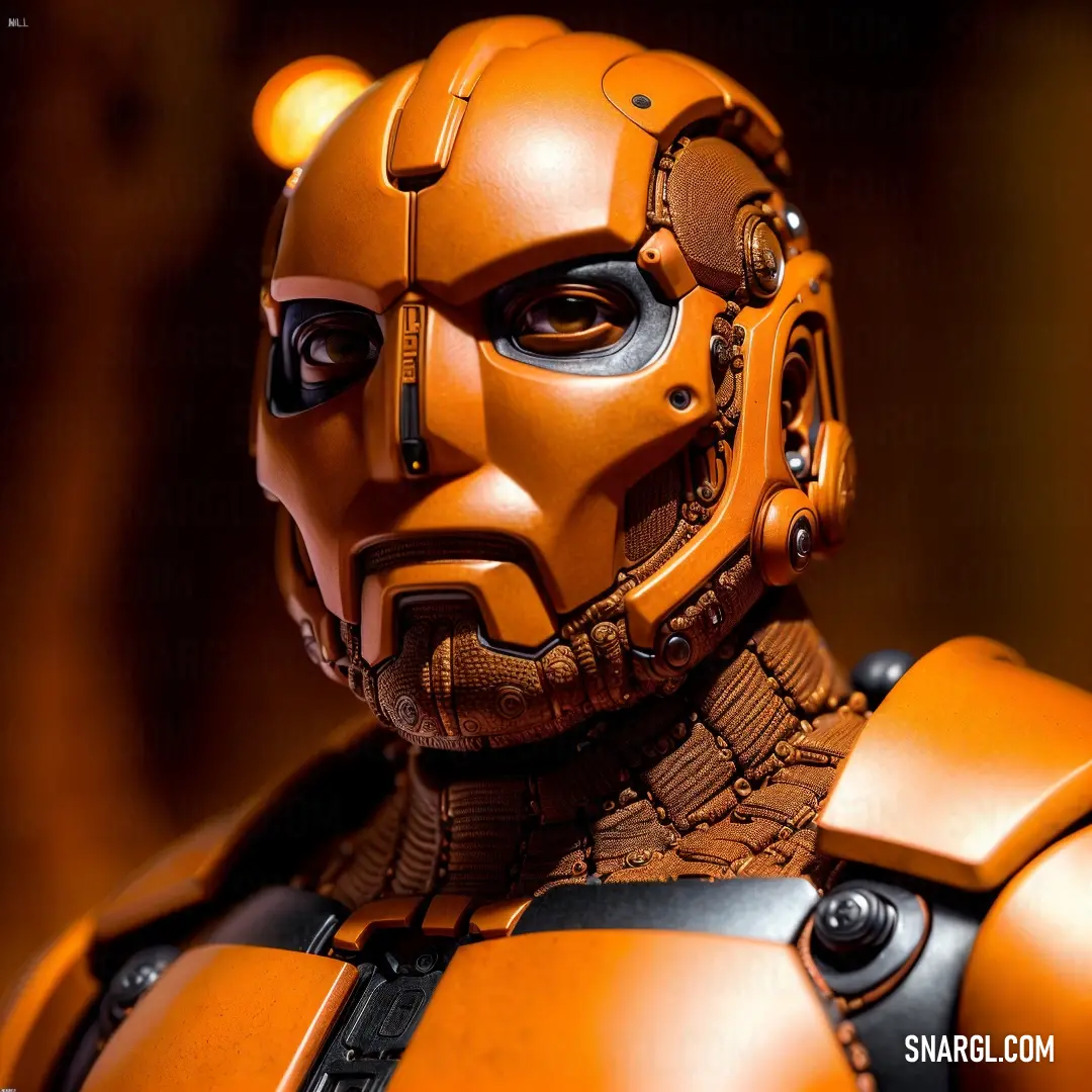 Robot with a helmet and a beard is posed for a picture in a close up view of the face. Color Princeton orange.