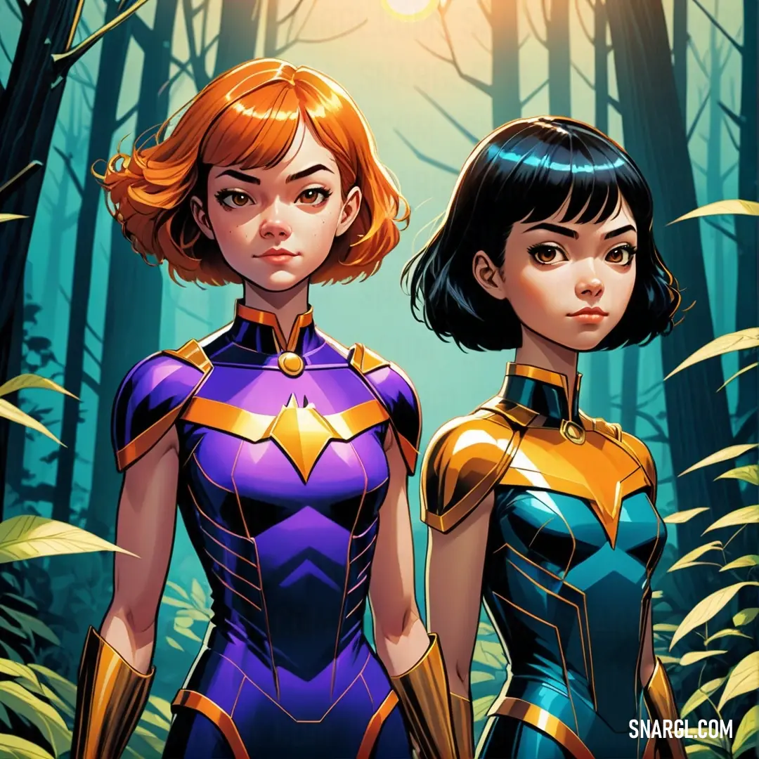Princeton orange color. Two women in costumes standing in a forest with a bright light behind them