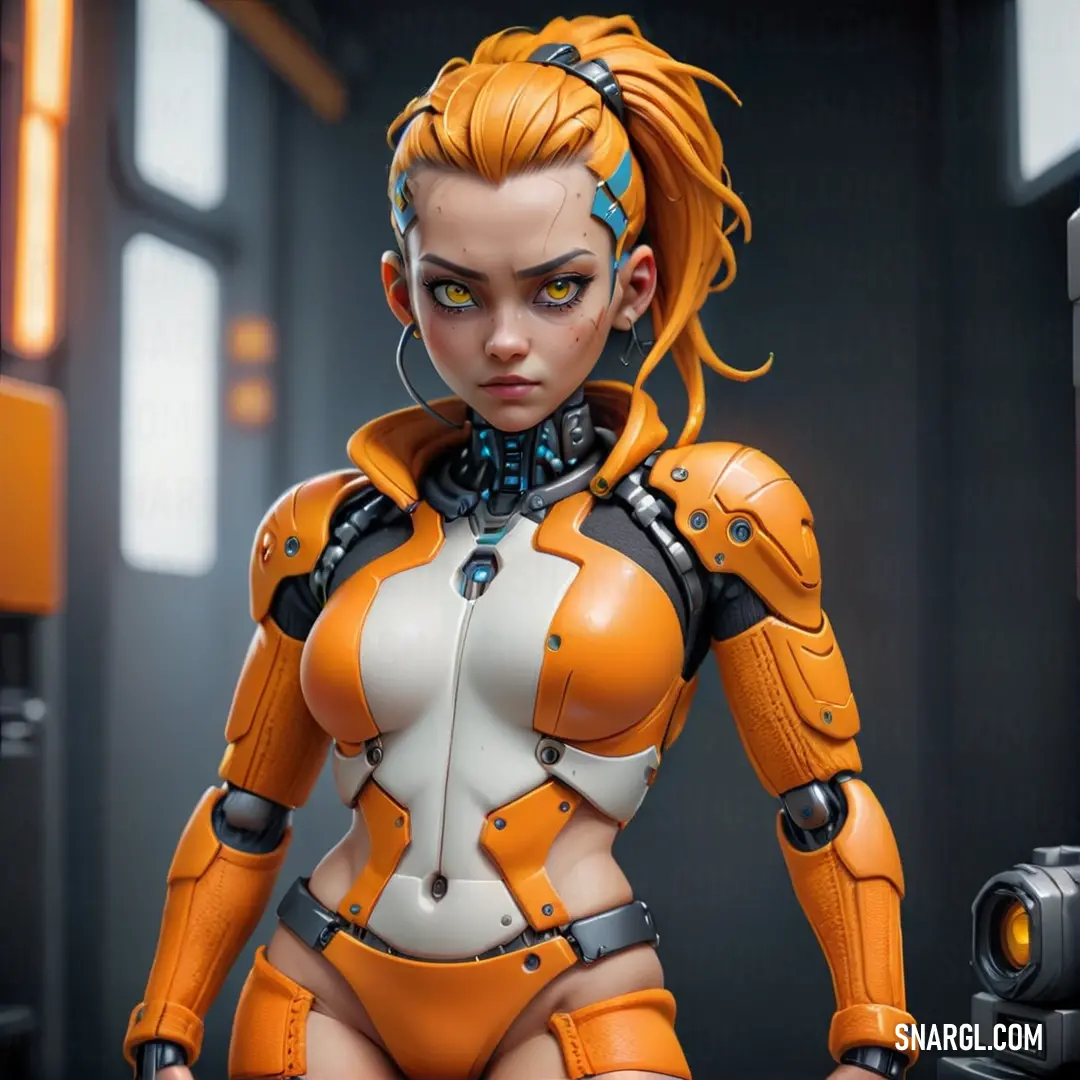 Woman in a futuristic suit with orange hair and a gun in her hand. Example of RGB 255,143,0 color.