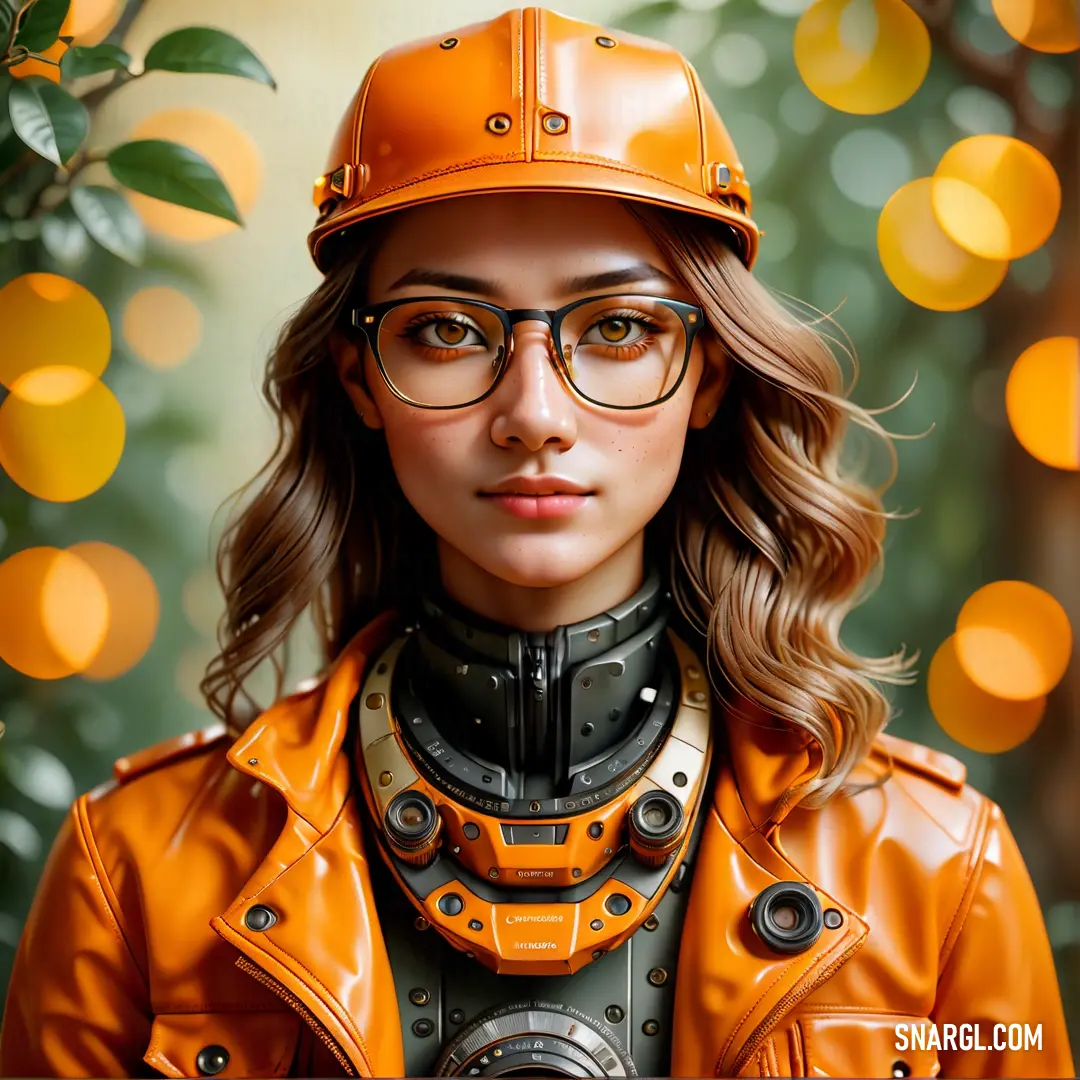 Woman wearing a helmet and glasses with a tree in the background. Example of #FF8F00 color.