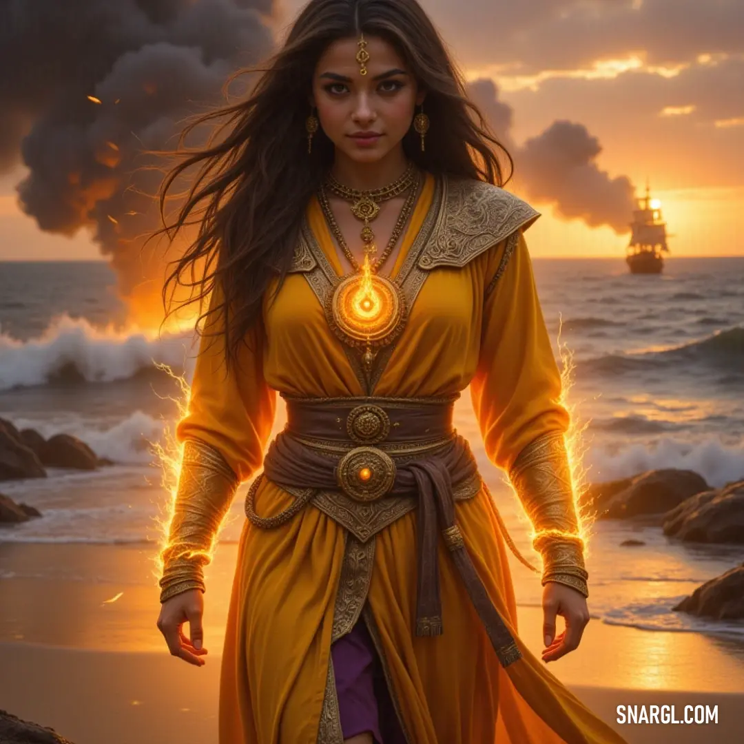 A serene moment captured at sunset, showcasing a figure adorned in yellow, standing on the beach as the sun dips below the horizon, illuminating the sky with warm hues. A graceful figure in a sunny yellow dress stands on a picturesque beach at sunset, with gentle waves lapping the shore and a distant ship sailing peacefully against the fading light of day.