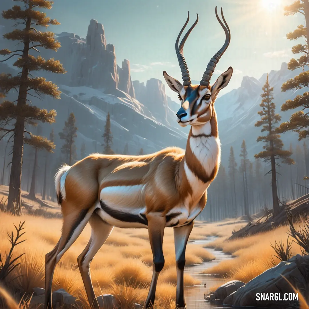 Painting of a gazelle standing in a field of grass and trees with mountains in the background