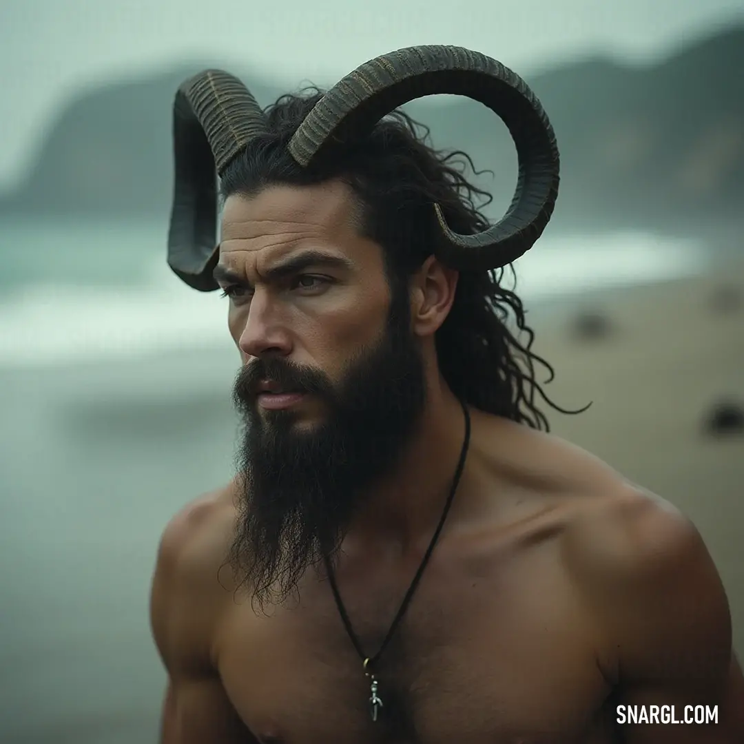 A striking figure with long, flowing hair and majestic horns stands on a serene beach, his wet beard glistening as waves lap at his feet, with a colorful sunset painting the sky in warm tones. A striking figure adorned with long, flowing hair and majestic horns stands on a serene beach. His beard glistens with seawater as gentle waves lap at his feet, and the sun dips low on the horizon, painting the sky with vibrant hues of orange and pink.