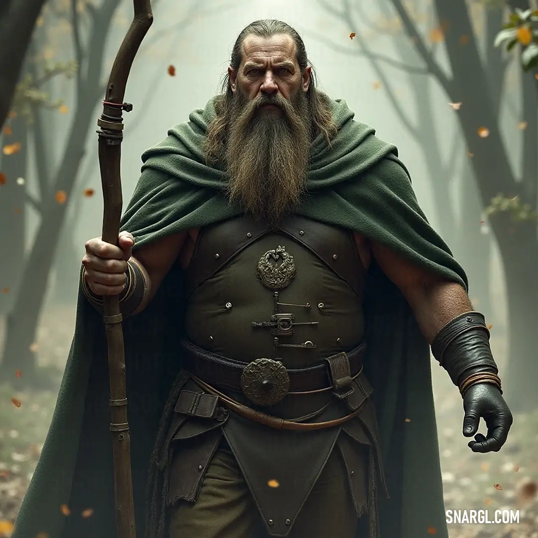 An elderly sage draped in a green cape, holding a staff, stands amidst the enchanting foliage of a vibrant forest filled with life and solitude, embodying the spirit of adventure and knowledge gathered over the years. An elderly man with a long white beard, adorned in an emerald green cape, stands confidently in a mystical forest, gripping a majestic staff that radiates ancient wisdom and determination amidst towering trees and dappled sunlight.