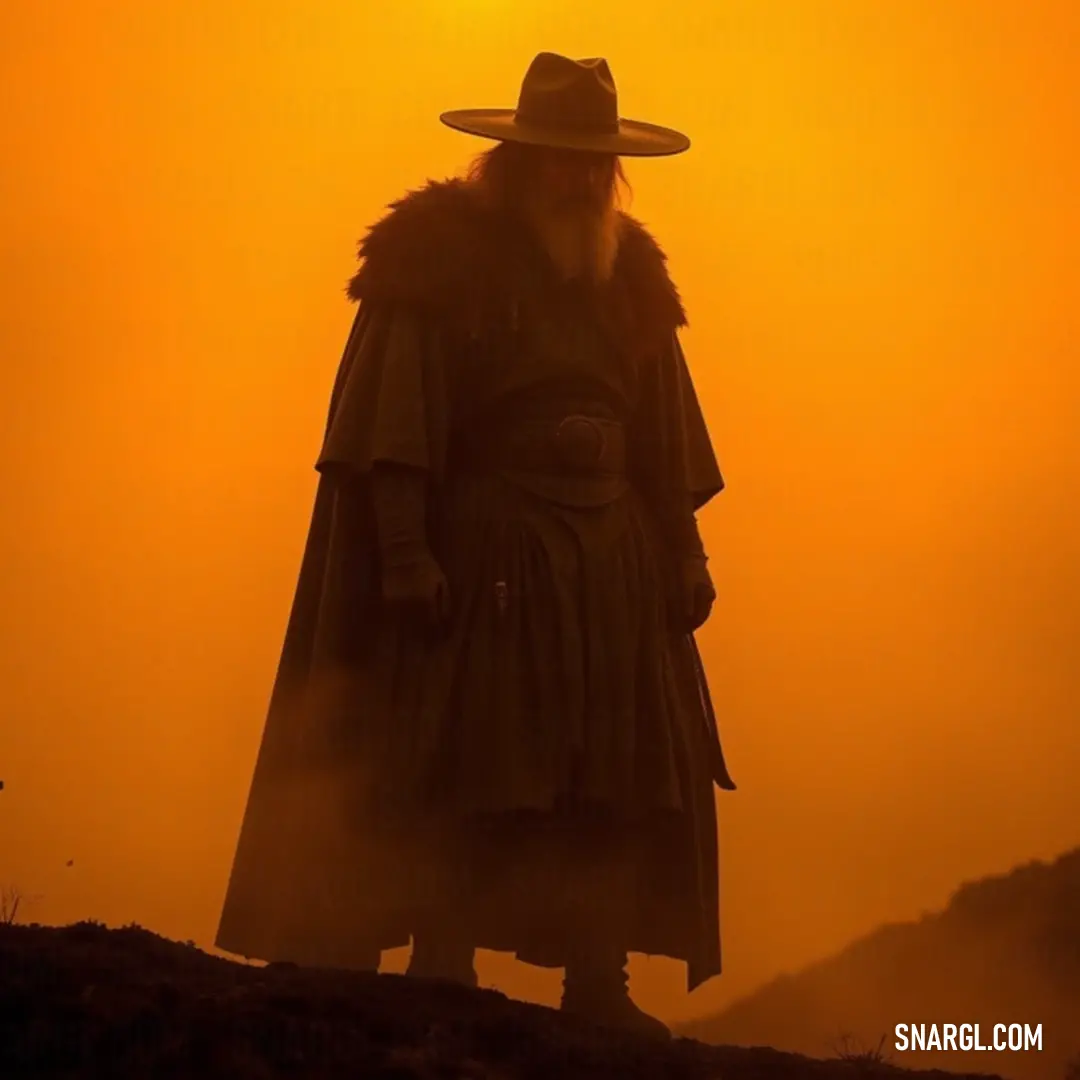 Emerging from a hillside, Prospero in his long coat and hat, basks under the warm glow of sunset. The sun casts a golden hue on the landscape, highlighting his silhouette against the breathtaking backdrop of a vast and beautiful horizon.