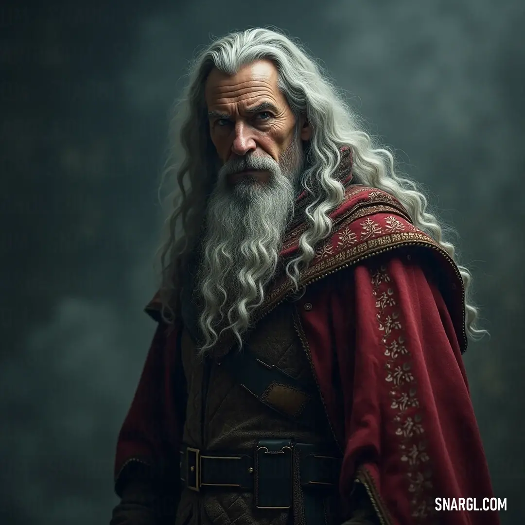 A wise figure resembling Prospero dons a striking red cape and stands confidently, his long white beard flowing, embodying an aura of knowledge and strength as he boldly gazes into the enigmatic realms surrounding him.