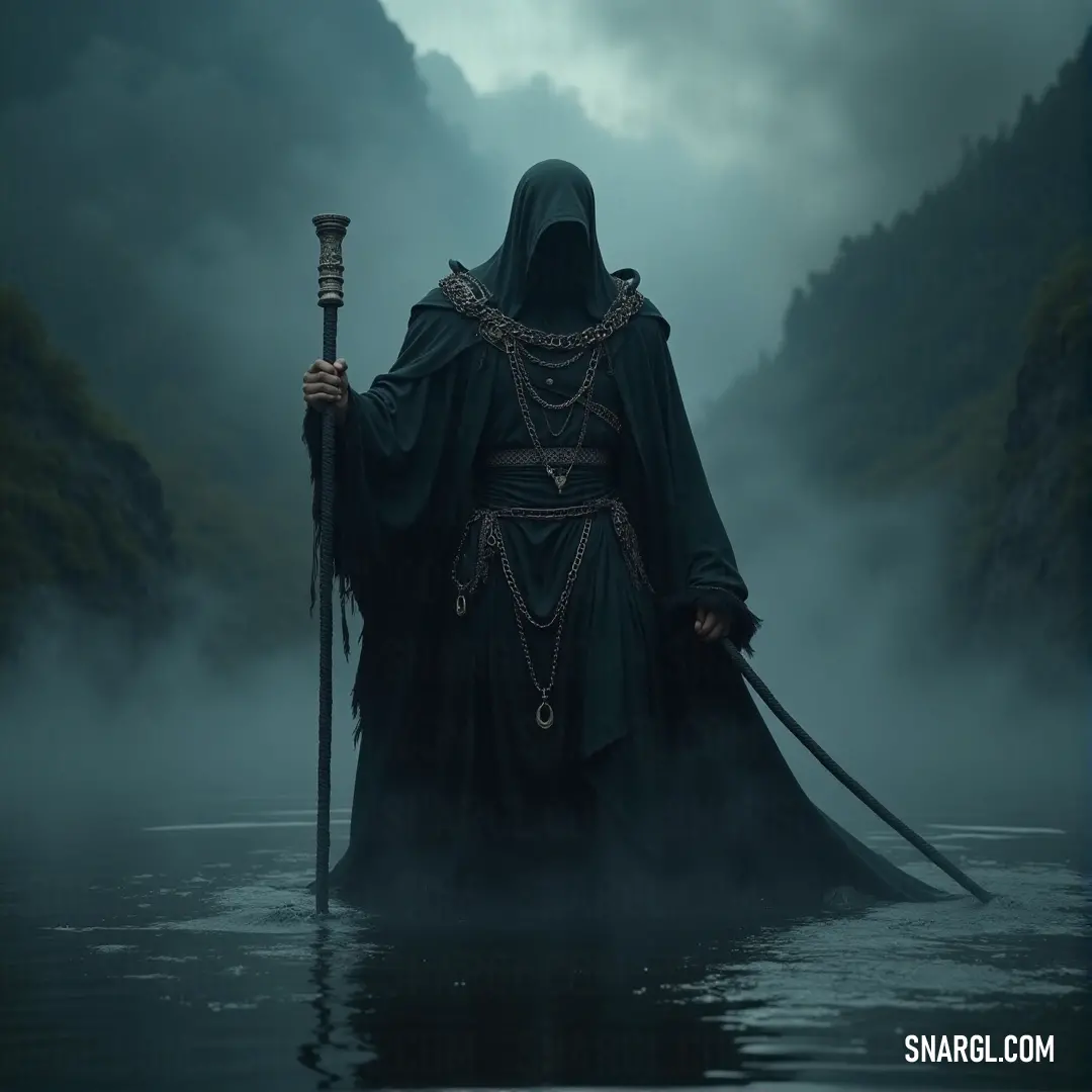 Prospero stands on the misty shores of a quiet lake, his staff raised in a display of magical mastery. A wise and mysterious figure draped in a hooded robe, holding a staff, stands on the edge of a tranquil water body, enveloped by a soft, ethereal fog, evoking a sense of ancient power and wisdom.