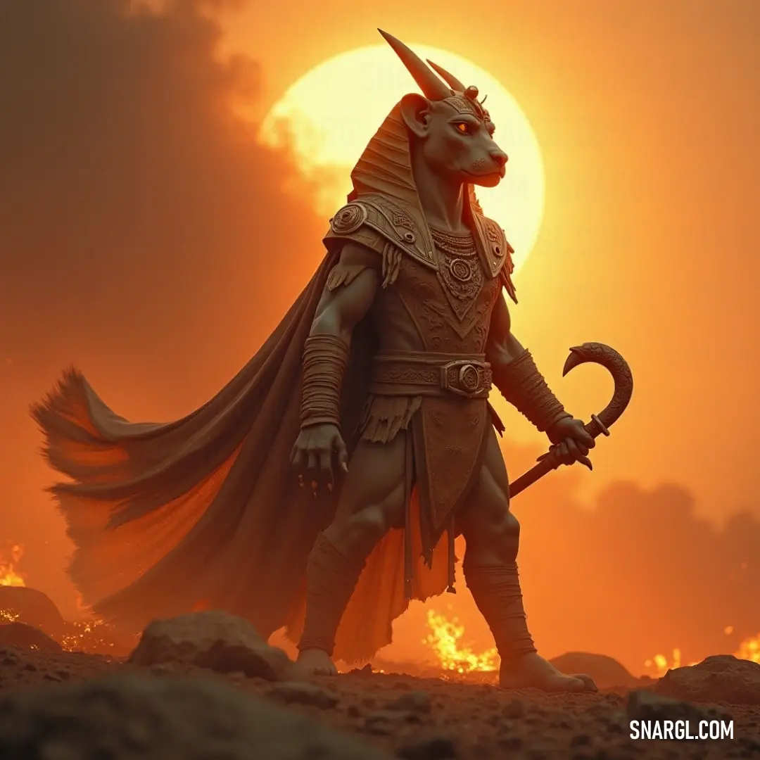 A protector of Thebes poses valiantly with a sword, silhouetted against a stunning sunset, the warm colors of the sky enhancing the grandeur of the figure. A mythical protector stands tall in front of a dramatic sunset, sword raised in readiness. The sky is painted with hues of orange and purple, casting a mystical glow over the warrior's silhouette. A scene full of strength and timelessness.