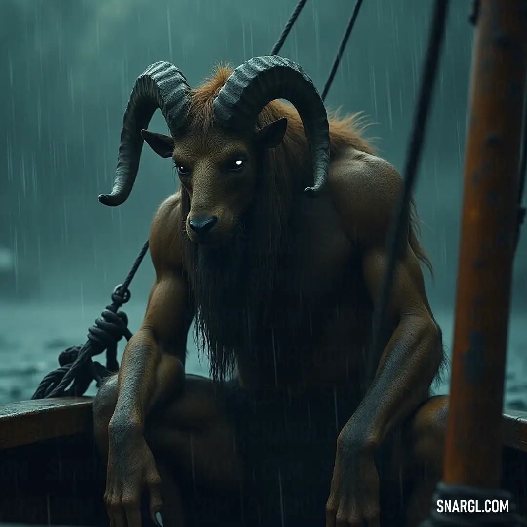 The Horned Proteon bravely sailing in the rain, gripping a rope in its mouth. Amidst the rain, the Horned Proteon navigates a boat, gripping a rope in its mouth, embodying strength and resilience while surrounded by the mystique of a rainy day.
