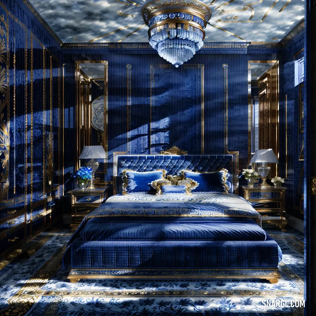 Bedroom with a blue bed and a chandelier hanging from the ceiling and a chandelier hanging from the ceiling. Color #003153.