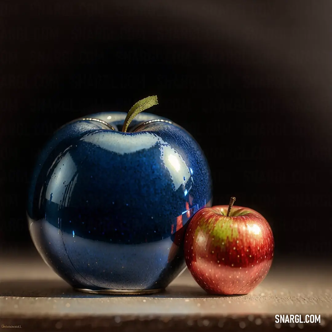 Blue apple and a red apple on a table top with a black background. Color Prussian blue.