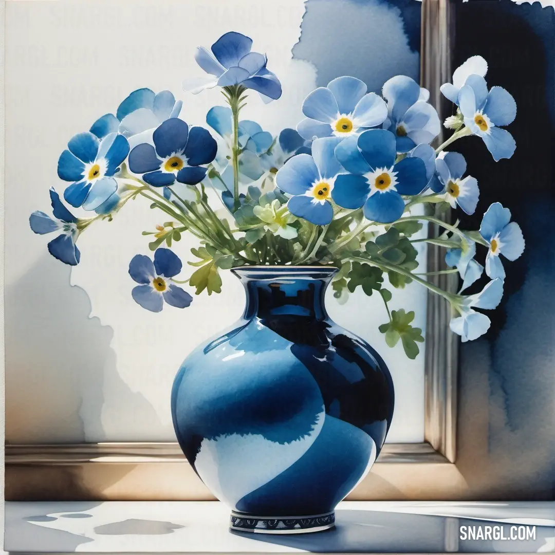 Blue vase with blue flowers in it on a table next to a window sill with a blue and white striped vase. Example of CMYK 100,41,0,67 color.