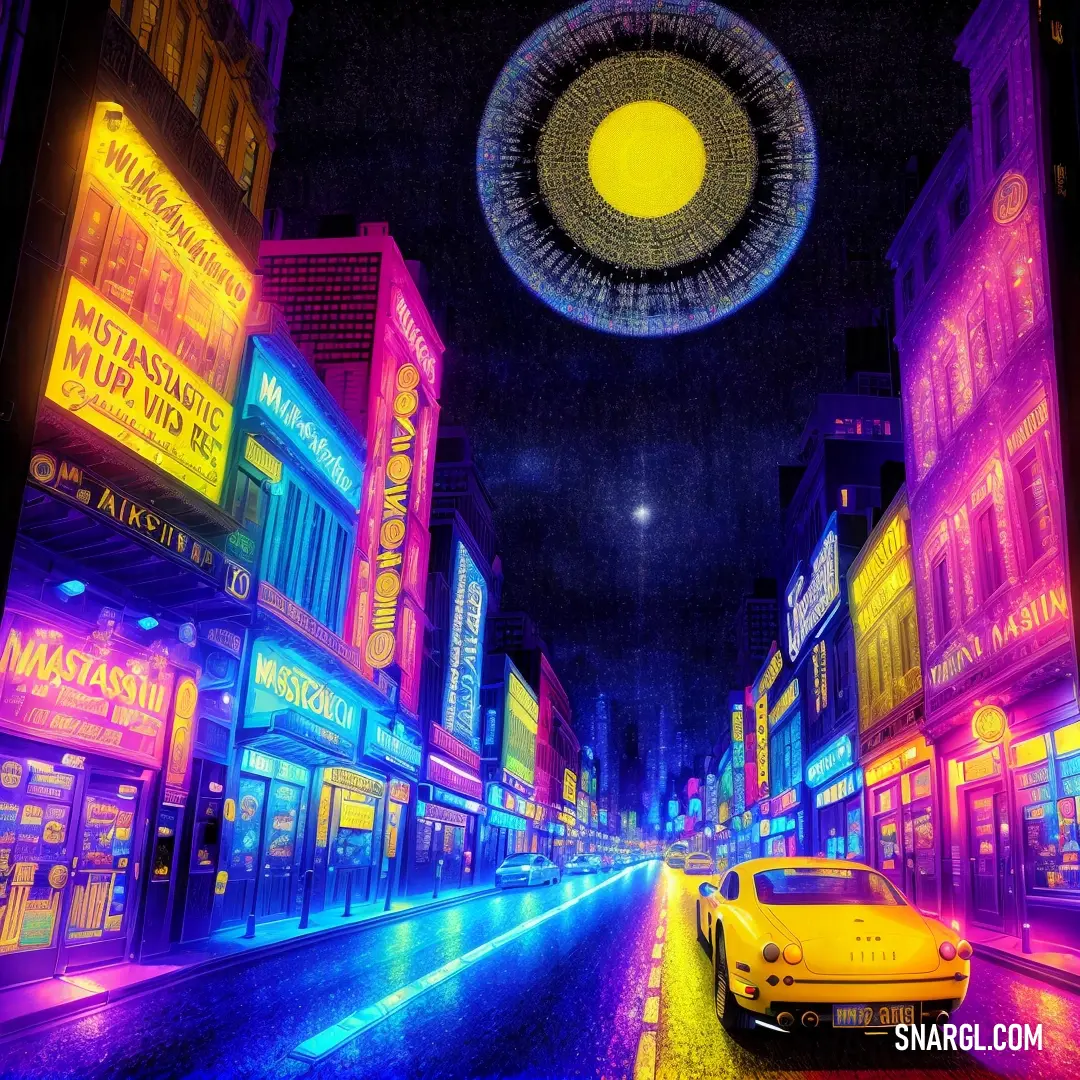 Car parked on a city street at night with neon lights on the buildings and a circular object above it