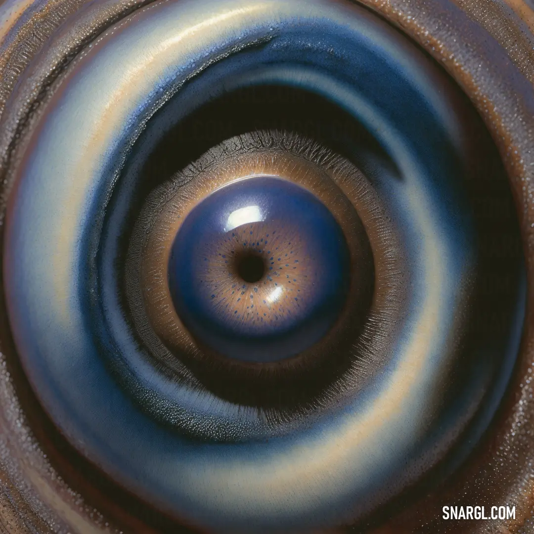 Close up of a blue and brown object with a circular design on it's center piece and a black circle around the center