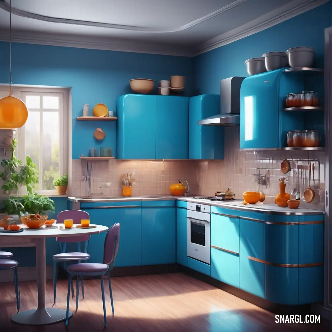 Kitchen with blue cabinets and a table with chairs and a window with a view of the outside of the room. Example of Prussian blue color.