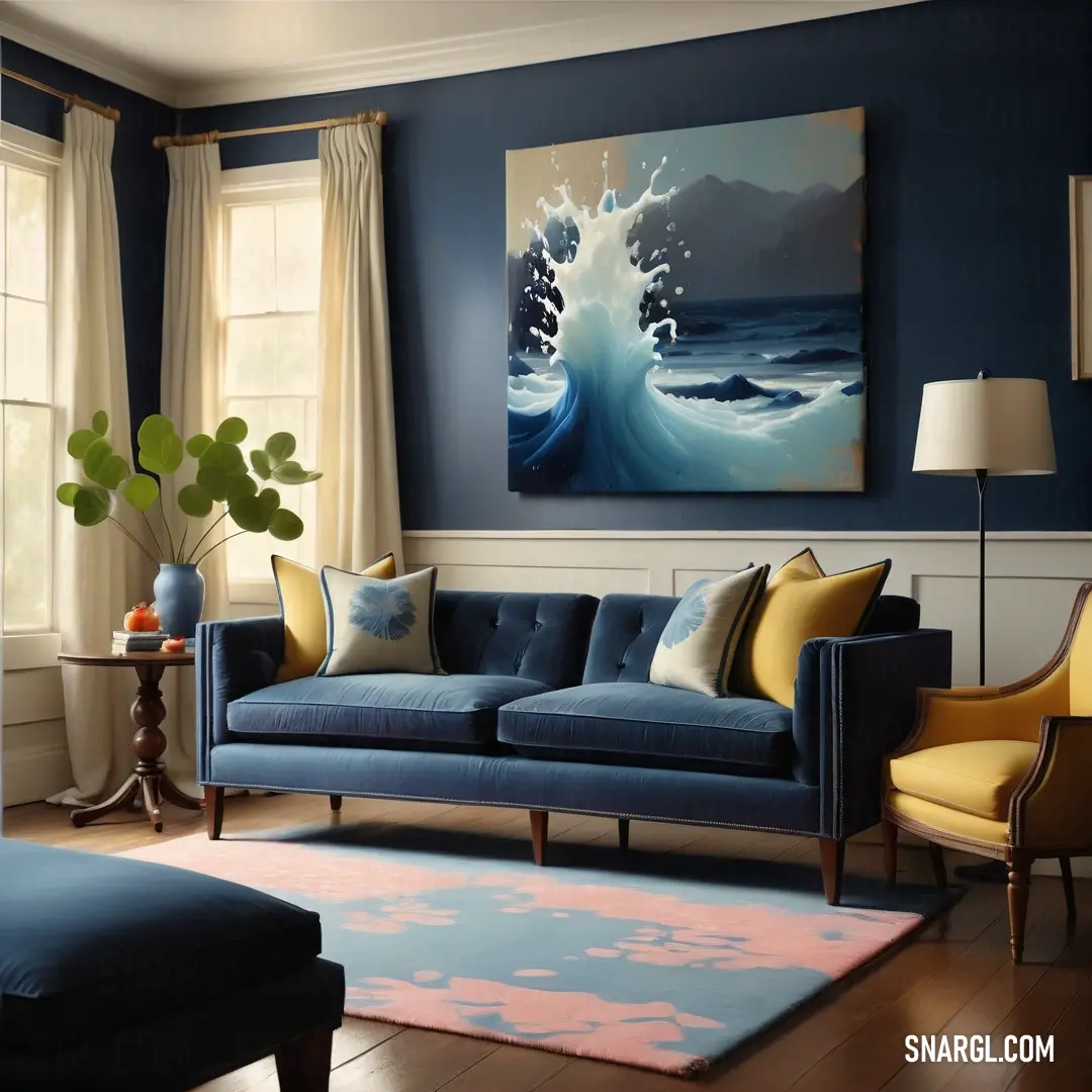 Living room with a blue couch and a painting on the wall above it and a rug on the floor. Example of RGB 0,49,83 color.