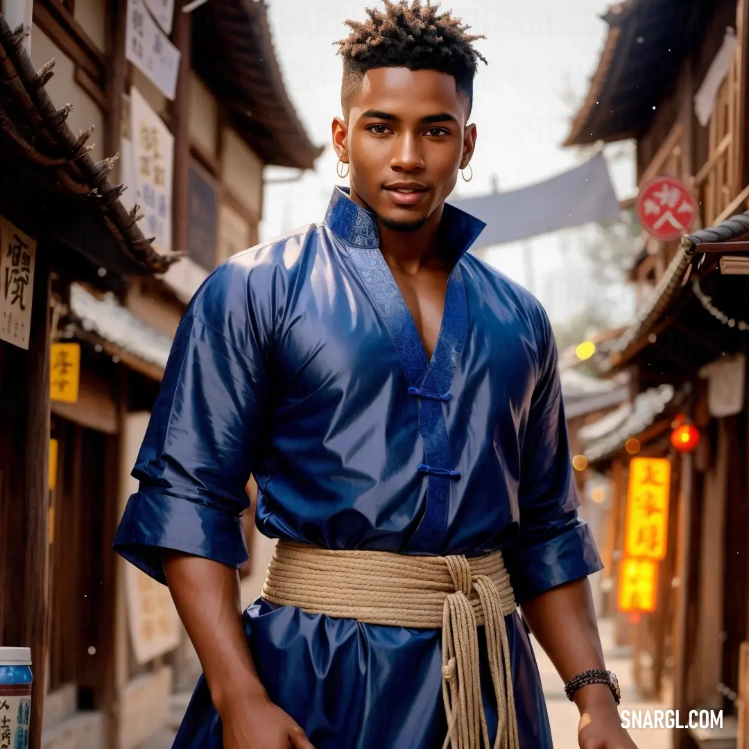 Man in a blue shirt and a belt is standing in a narrow alleyway with a bottle of water