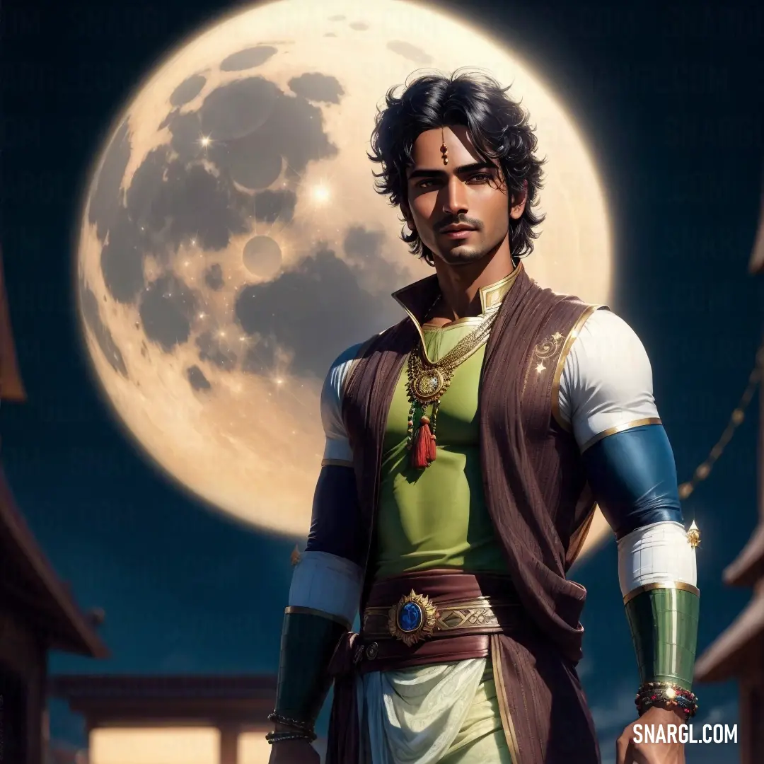 Man in a costume standing in front of a full moon with a full moon behind him and a building in the background