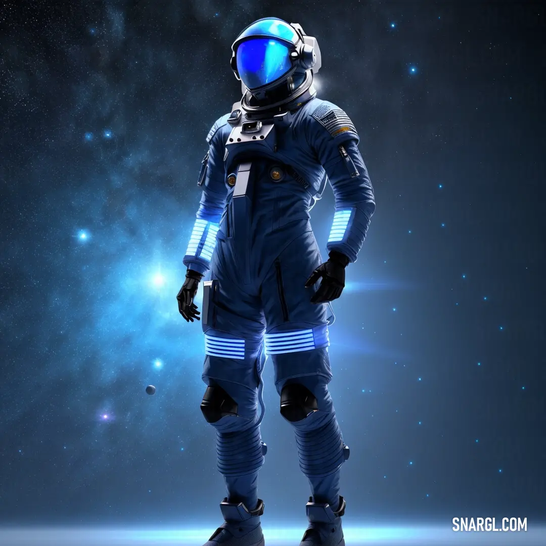 Man in a space suit standing in front of a star filled sky with stars in the background and a blue light shining on the space