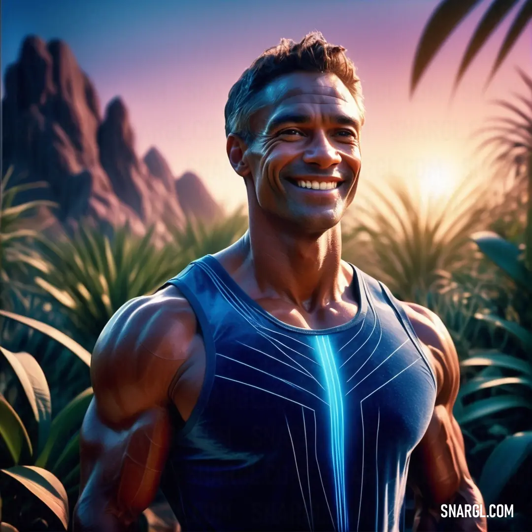 Man with a smile on his face in a jungle setting with palm trees and mountains in the background. Example of CMYK 100,41,0,67 color.