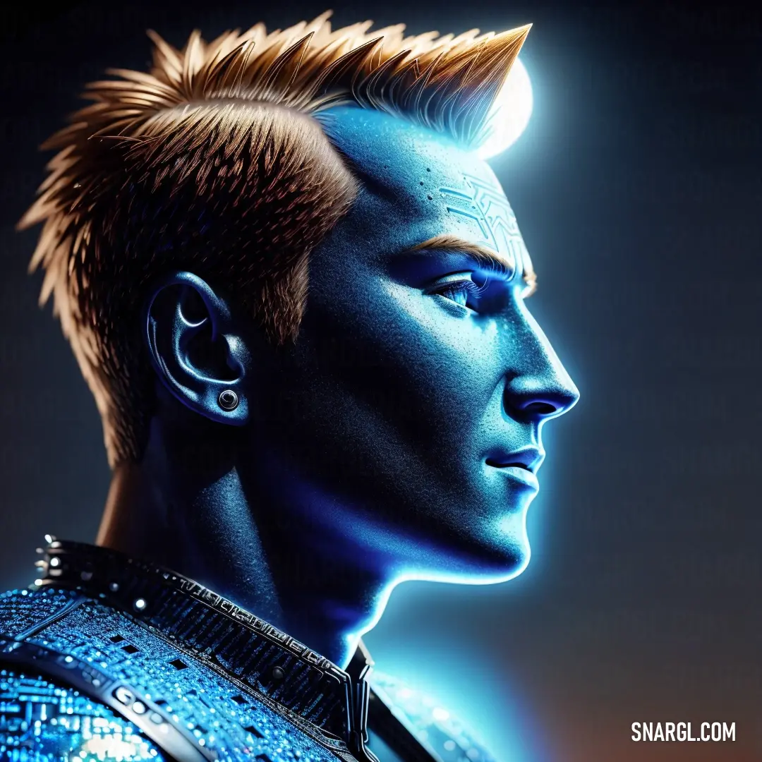 Man with spiked hair and piercings on his head in a futuristic avatar style photo