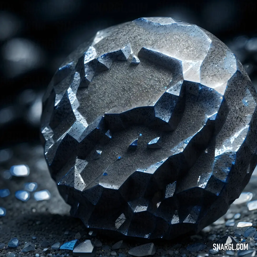 Metal object with a black background and some blue and white speckles on it's surface