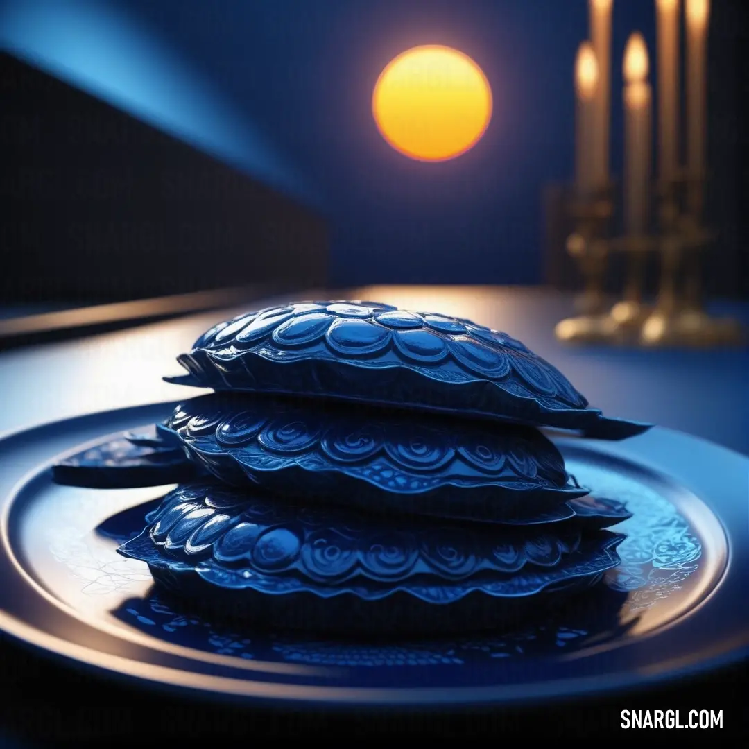 Prussian blue color. Plate with a blue design on it and candles in the background