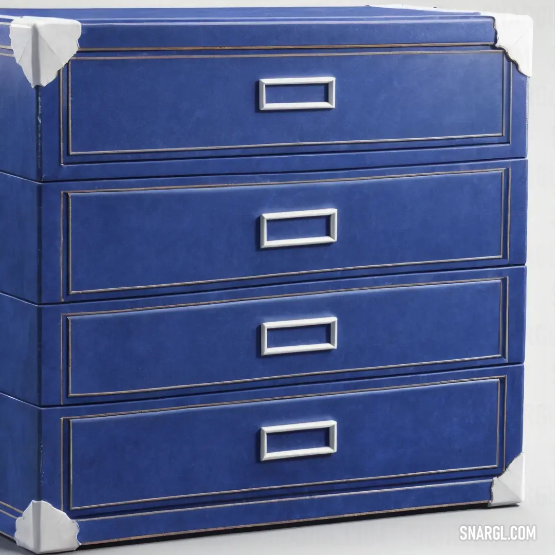 Blue chest of drawers with a white top and silver handles and handles on each drawer. Color Prussian blue.