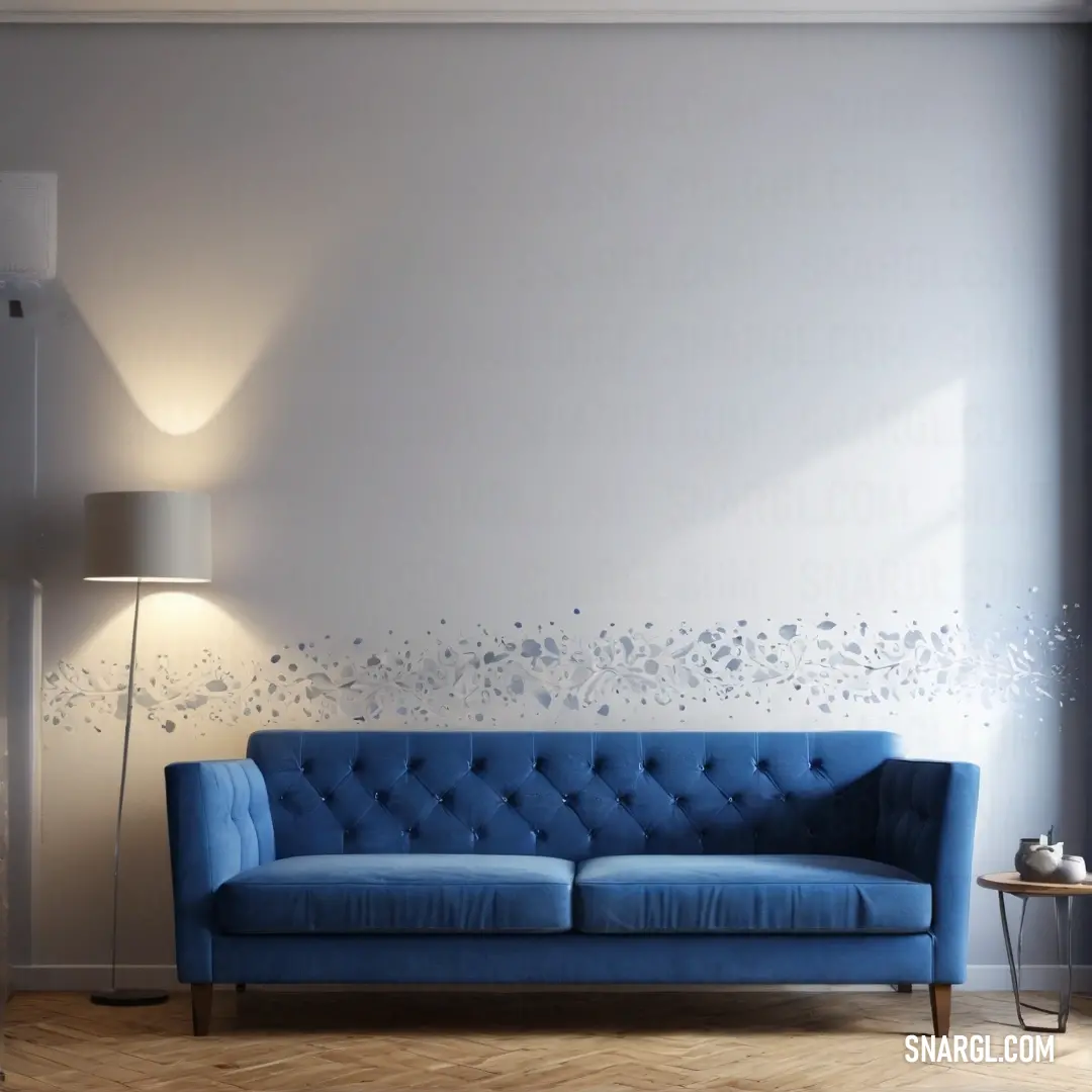 Blue couch in a living room next to a lamp and a window with a white wall behind it. Example of #003153 color.