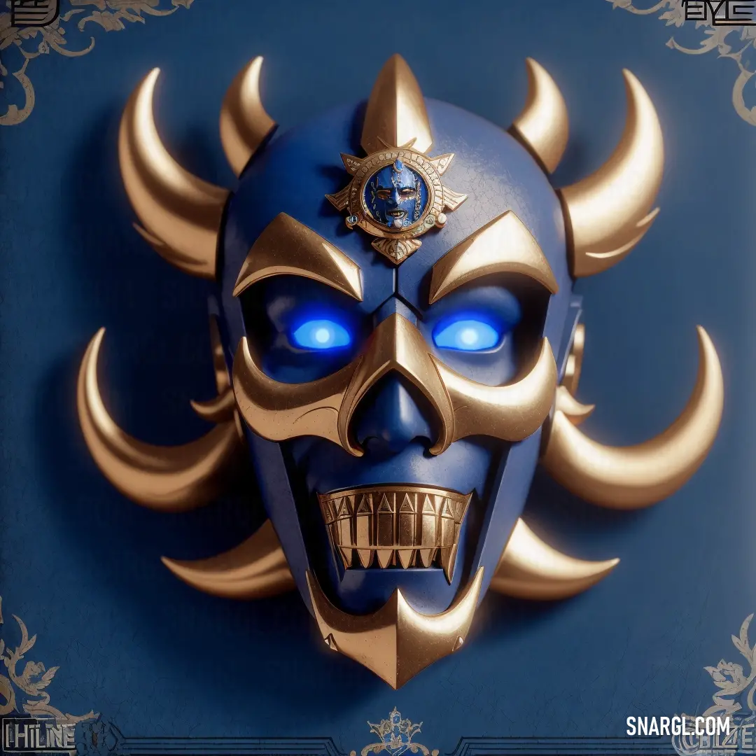 Blue mask with gold horns and blue eyes with blue eyes. Example of CMYK 100,41,0,67 color.