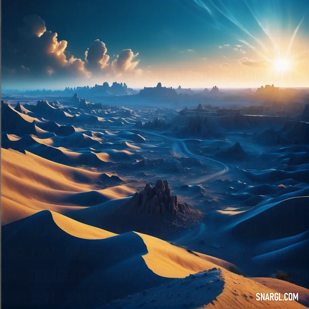 Prussian blue color example: Desert landscape with a sun setting over the horizon and clouds in the sky above it