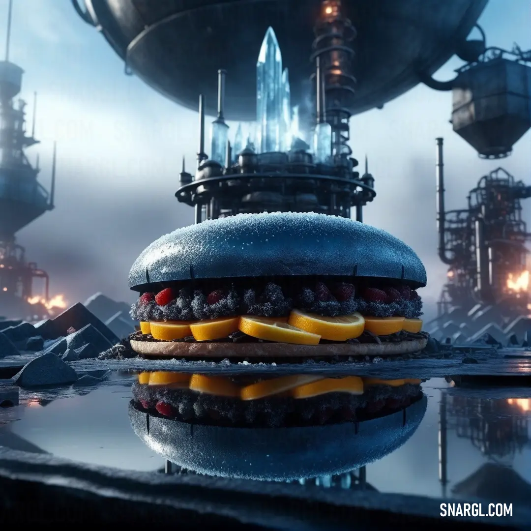 Giant hamburger with fruit and cheese on it in a futuristic setting with a large factory in the background. Example of CMYK 100,41,0,67 color.