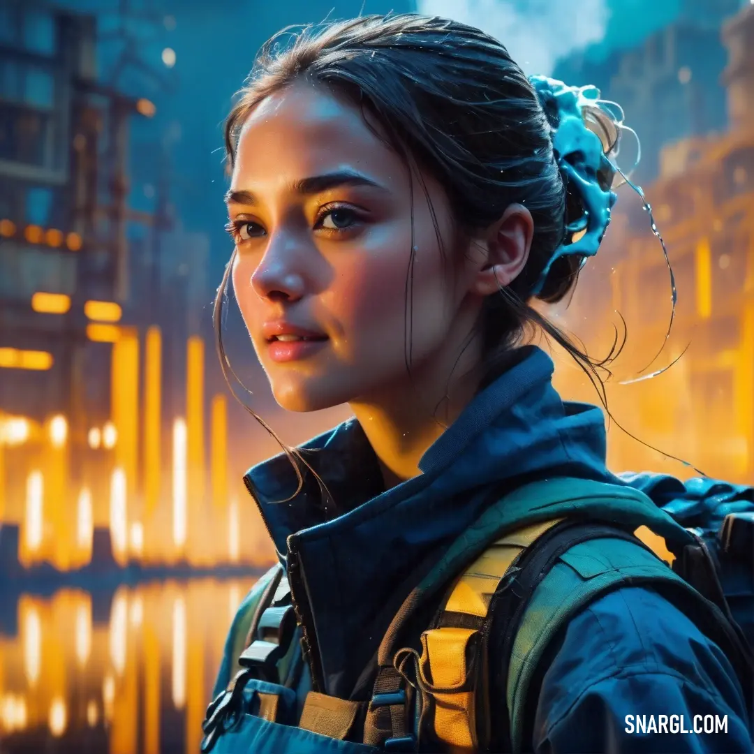 Woman in a futuristic city looks at the camera with a serious look on her face and shoulders. Color RGB 0,49,83.