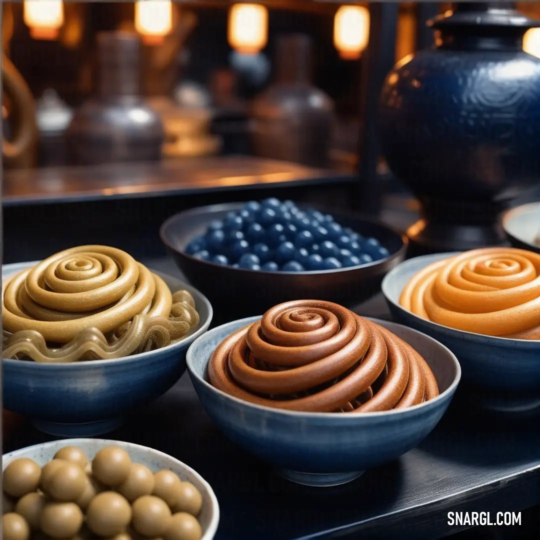 Table topped with bowls filled with different types of food items and a vase filled with candles behind it. Color RGB 0,49,83.