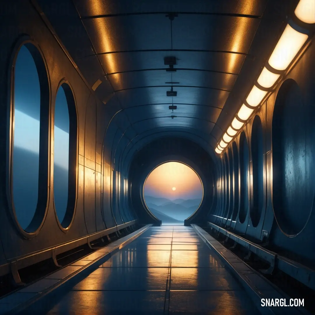 Tunnel with a view of the sun setting in the distance and a few windows on the side of the tunnel. Color CMYK 100,41,0,67.