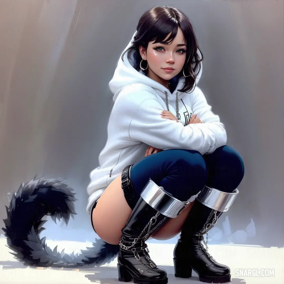 Woman in a white hoodie and black boots is posing for a picture with a furry tail on her knee