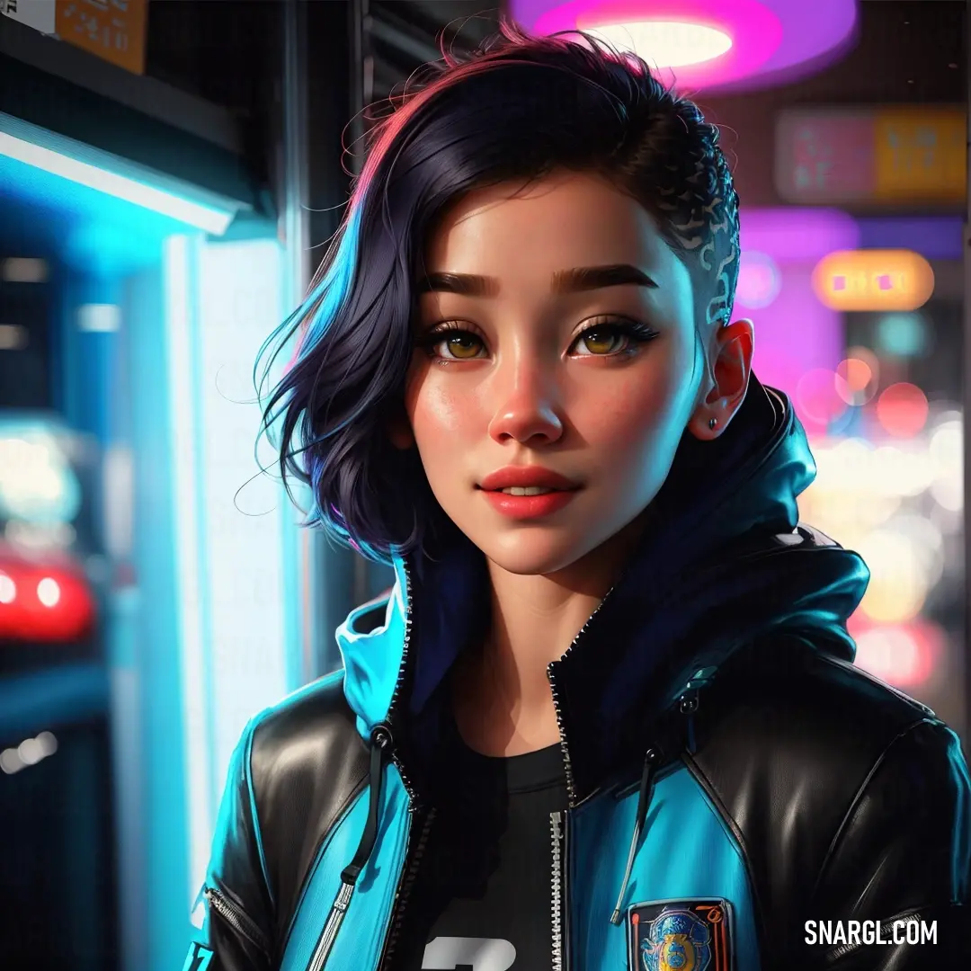 Woman with a blue jacket and a black shirt is standing in a city at night with neon lights