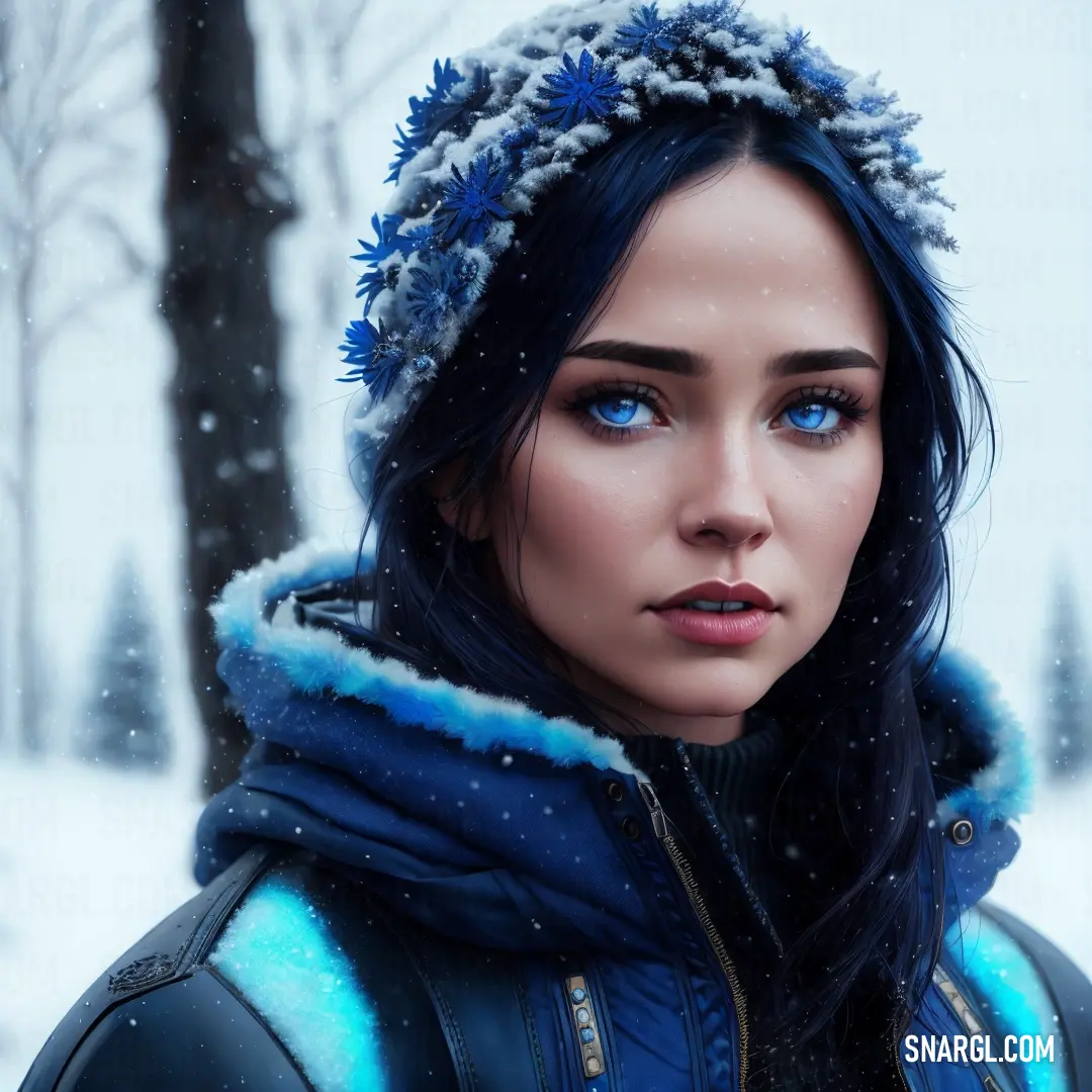 Woman with blue eyes and a hoodie on in the snow with trees in the background and snow falling on her