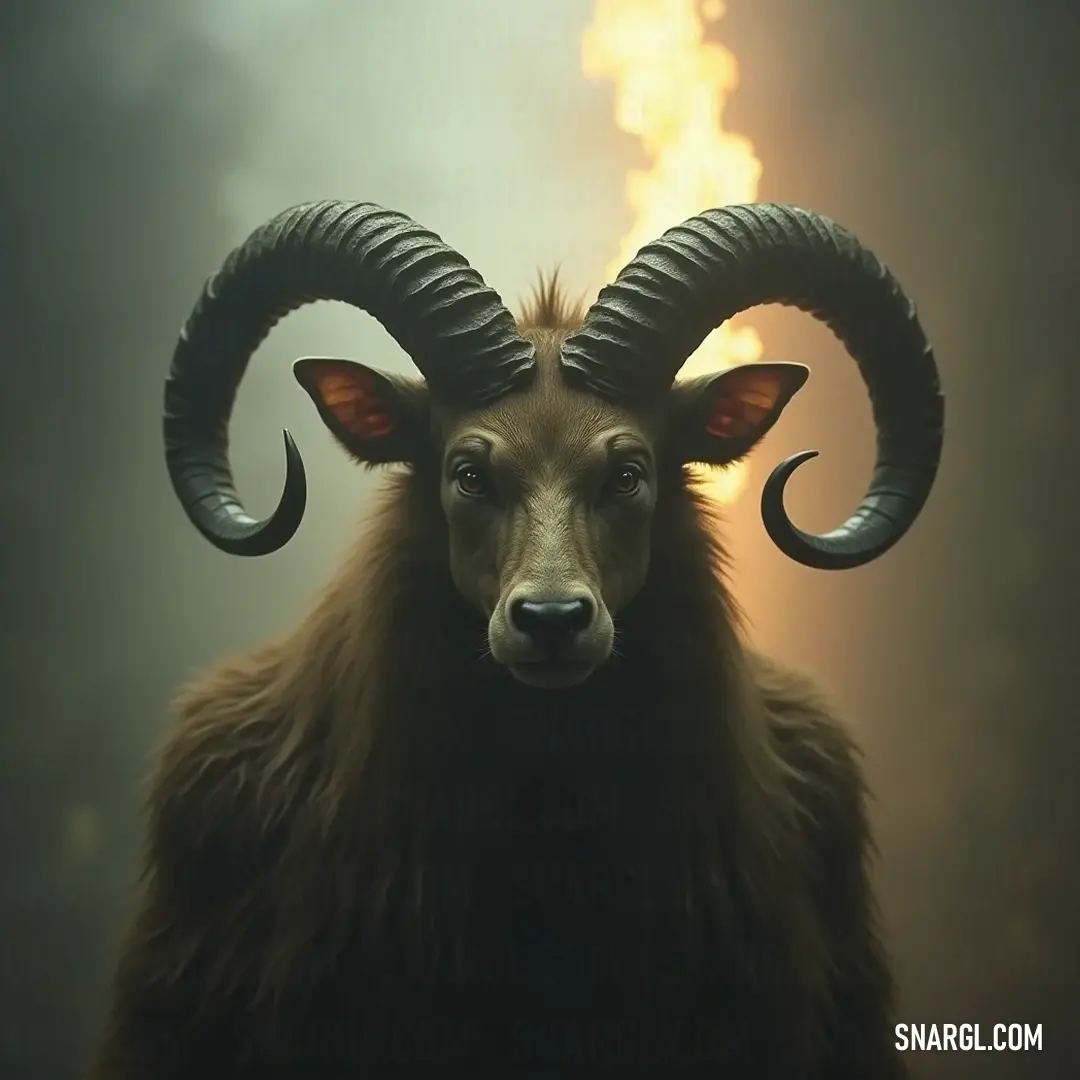 Majestic Prytanis with large horns amidst a stormy fire-filled sky, embodying the essence of myth and power with smoke swirling around. A majestic Prytanis with large, twisting horns stands defiantly against a backdrop of tumultuous fire-filled skies, billowing smoke escaping from its ears, capturing the power and fury of a mythical entity in a moment of cosmic chaos.