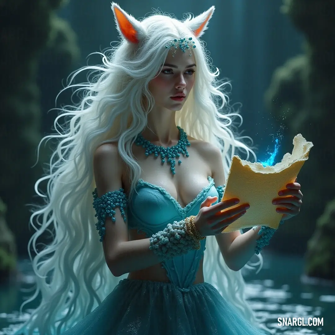 Psyche dressed in blue, revealing secrets on a magical paper, radiates vibrant energy as she holds a glowing light aloft. Psyche appears in a stunning blue dress, illuminating the dark surroundings as she holds an enchanted piece of paper adorned with mysterious horns while a radiant light emanates from her hand.