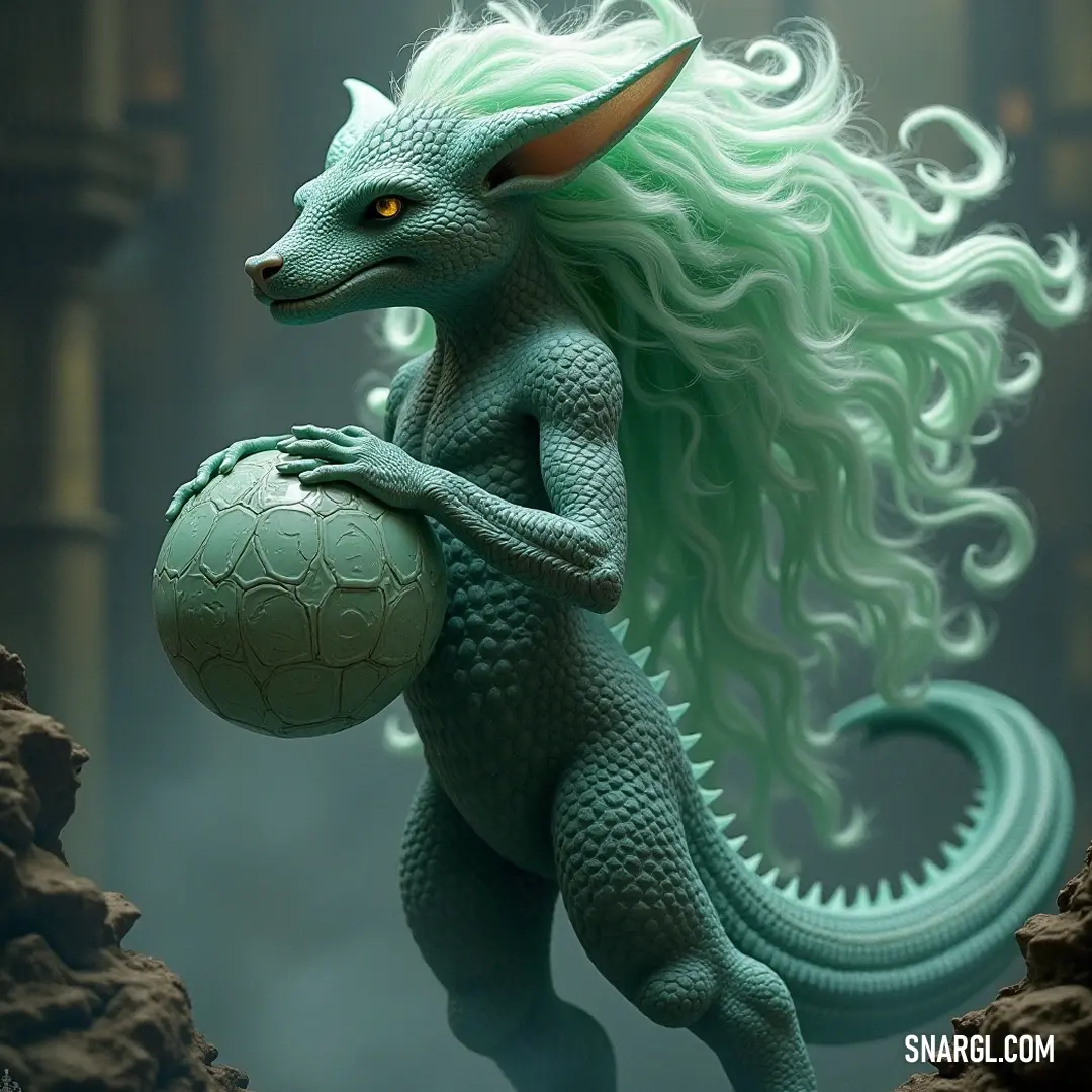 A playful Green Psyche, with a vivid ball held in its paws and a long, graceful tail, delights in a lush, magical environment filled with vibrant colors. A charming Green Psyche playfully holds a gleaming ball in its paws, showcasing its vibrant colors and whimsical long tail, embodying a spirit of joy and wonder in a lush, fantastical landscape.