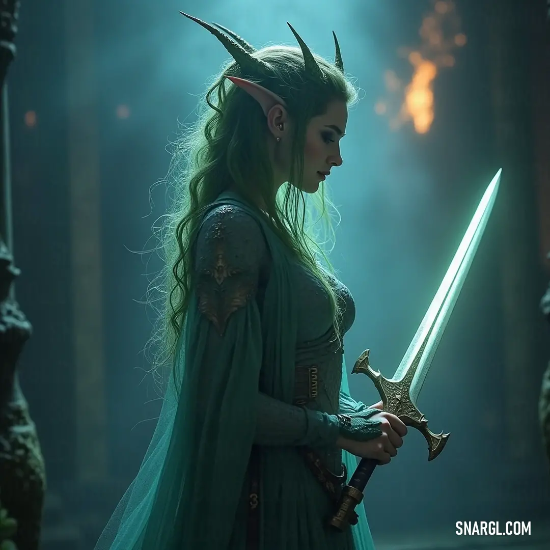 In a shadowy forest, Psyche stands resolute in a striking green dress, holding a sword that gleams with anticipation. Surrounding her, the dense fog creates an aura of intrigue, evoking a sense of uncharted adventures yet to be explored.