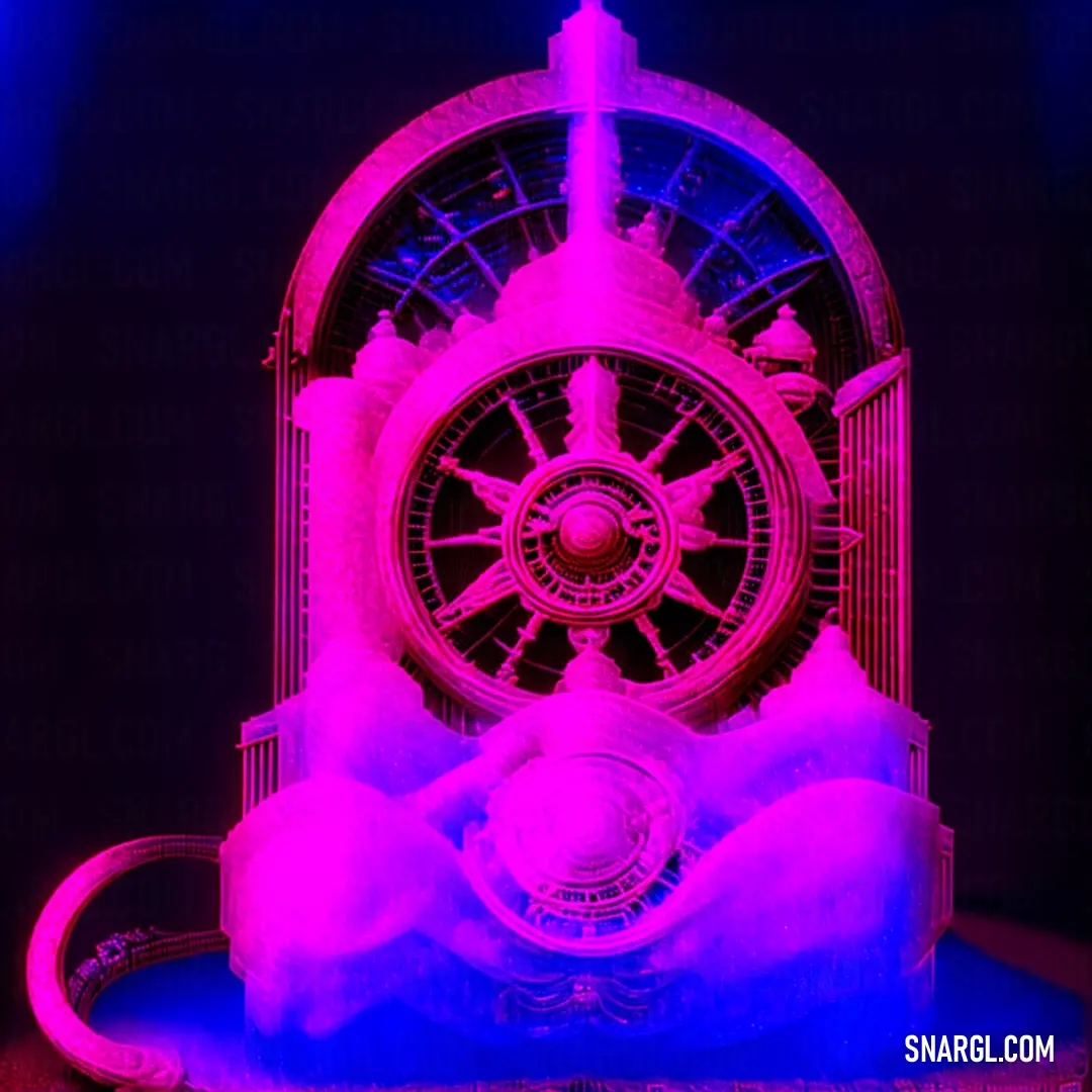 Clock with a purple light on top of it in the dark room with a blue light behind it