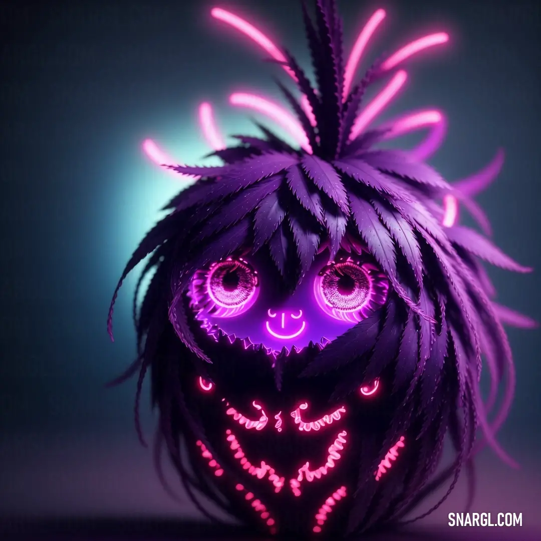 Purple and black mask with glowing eyes and hair on a black background with a blue background and a pink light