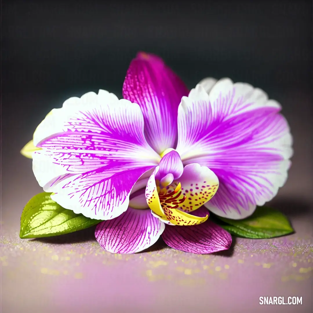 Purple flower with green leaves on a pink surface with a black background and a white and yellow center