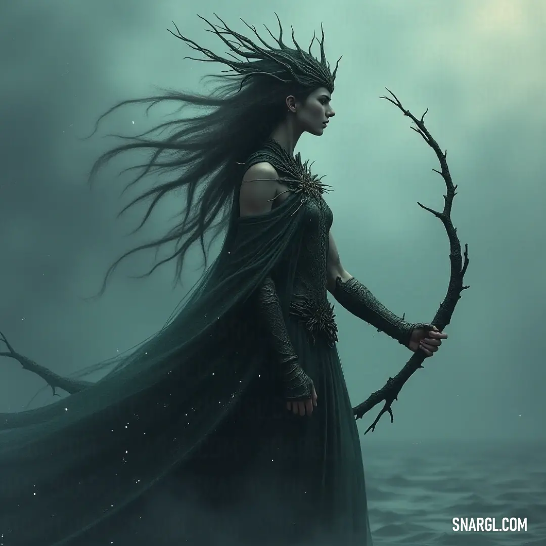 A graceful figure with long hair in the water, confidently holding a stick as sunlight dances across the surface. A mesmerizing figure with flowing long hair stands confidently in a tranquil body of water, clutching a stick as sunlight glistens off the surface. The serene environment highlights her strength, grace, and the special bond she shares with her natural sur