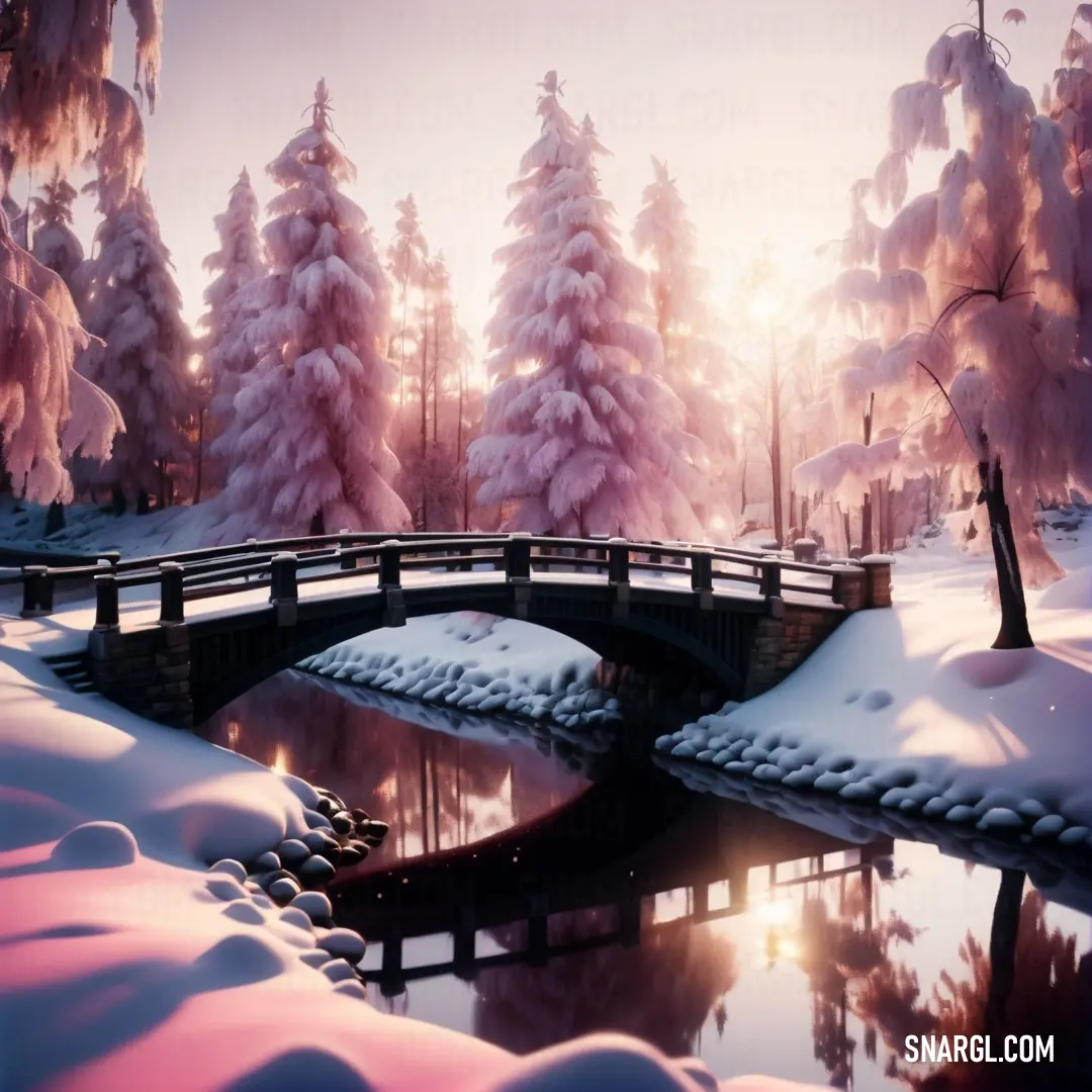 Bridge over a river in a snowy forest with snow on the ground and trees in the background. Example of RGB 204,136,153 color.