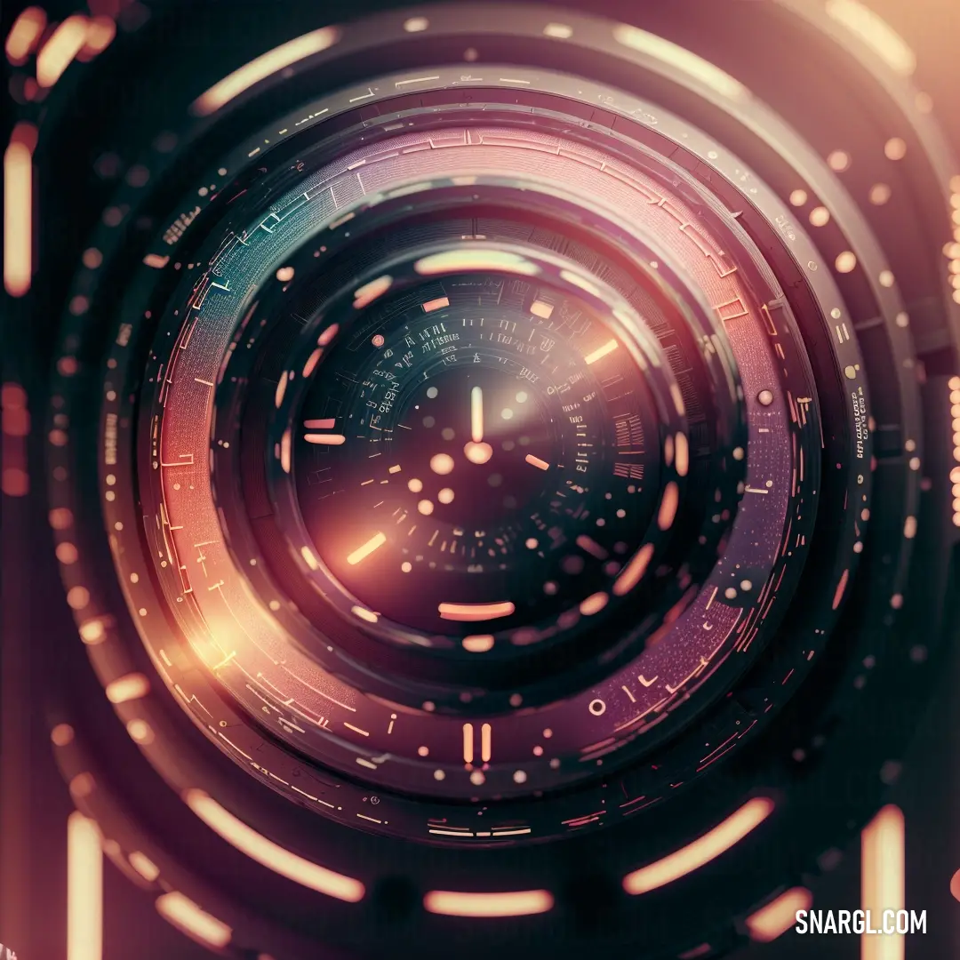 Close up of a clock on a camera lens with a blurry background of lines and dots around it